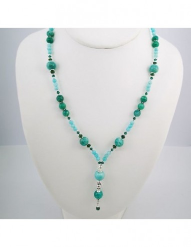 Necklace of Varied Amazonites, Emerald, and Swarovski Crystal