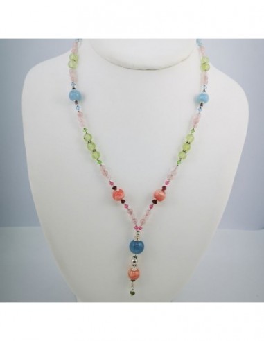 Aquamarine Necklace, Rhodochrosite, Madagascar Rose Quartz, Prehnite, Ruby, and Swarovski Crystal