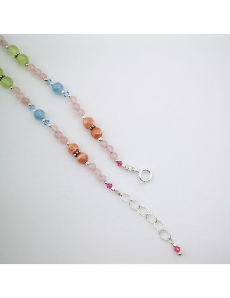 Collar de Aguamarina, Rodocrosita, Cuarzo Rosa de Madagascar, Prehnita, Rubí y Cristal Swarosky
