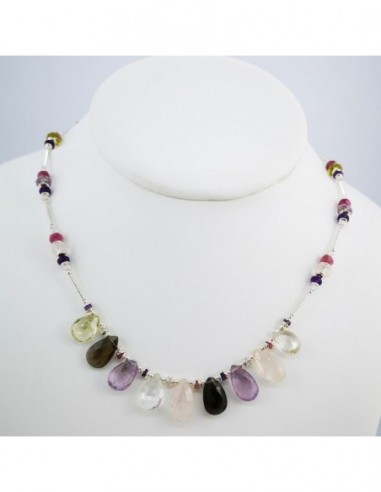 Rose Quartz Necklace, Amethyst, Smoky Quartz, Citrine Quartz, Rock Crystal, and Pink Tourmaline