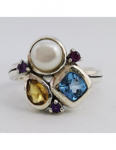 Pearl Ring, Blue Topaz, and Citrine Quartz