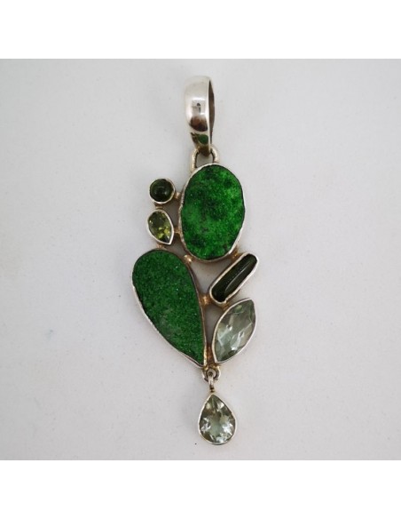 Colgante de Granate Verde (Uvarovita), Amatista Verde, Turmalina Verde y Peridoto