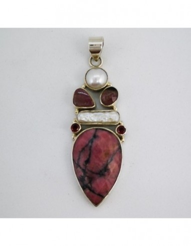 Rhodonite, Pink Tourmaline, Garnet, and Pearl Pendant