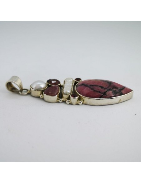 Colgante de Rodonita, Turmalina Rosa, Granate y Perla