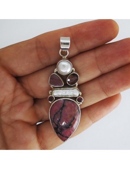 Colgante de Rodonita, Turmalina Rosa, Granate y Perla