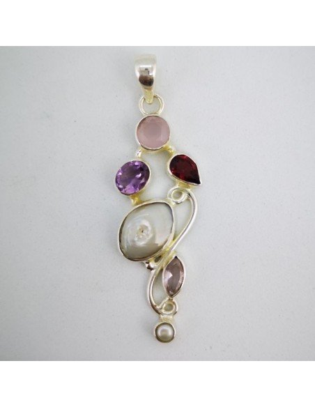 Colgante de Cuarzo Rosa, Granate, Amatista y Perla