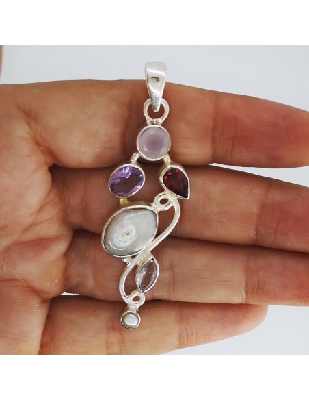 Colgante de Cuarzo Rosa, Granate, Amatista y Perla