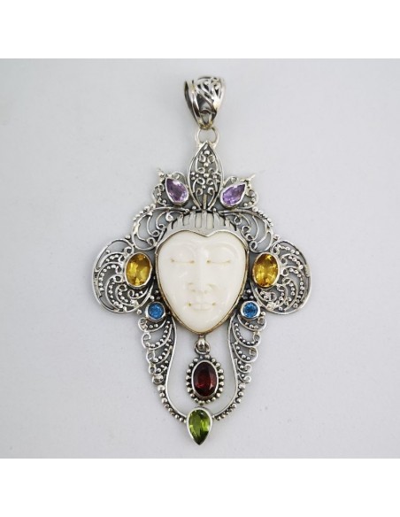 Colgante de Hueso, Topacio Azul, Granate, Peridoto, Cuarzo Citrino y Amatista