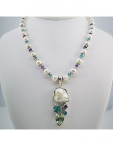 Necklace with Pearl, Amethyst, Apatite, and Blue Topaz Pendant