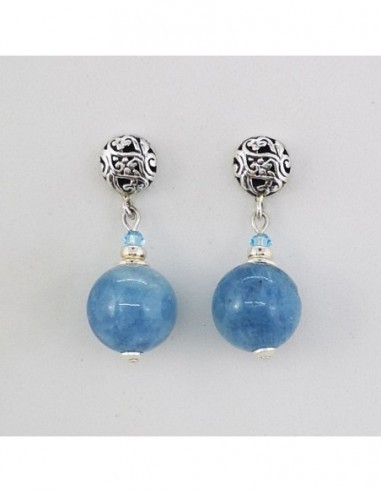 Round Gemstone Ball Earrings with Engraved Silver Ornament