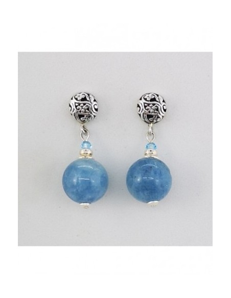 Round Gemstone Ball Earrings with Engraved Silver Ornament