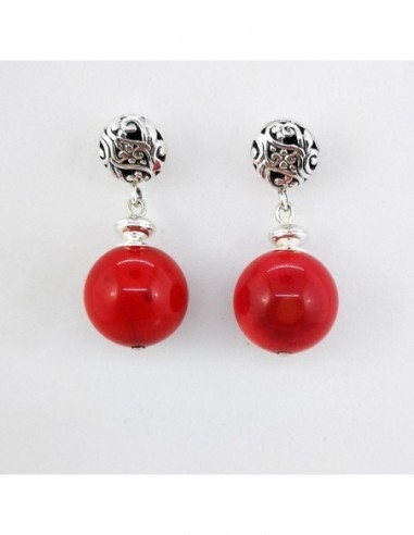 Round Gemstone Ball Earrings with Engraved Silver Ornament