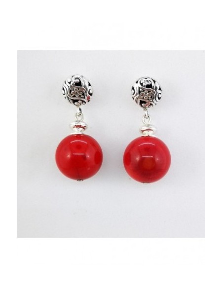 Round Gemstone Ball Earrings with Engraved Silver Ornament