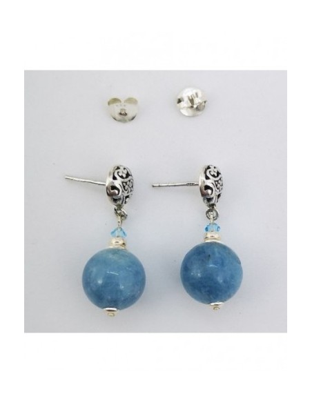 Round Gemstone Ball Earrings with Engraved Silver Ornament