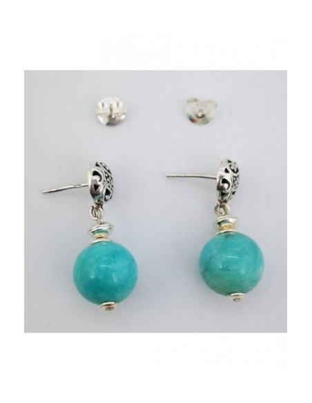 Round Gemstone Ball Earrings with Engraved Silver Ornament