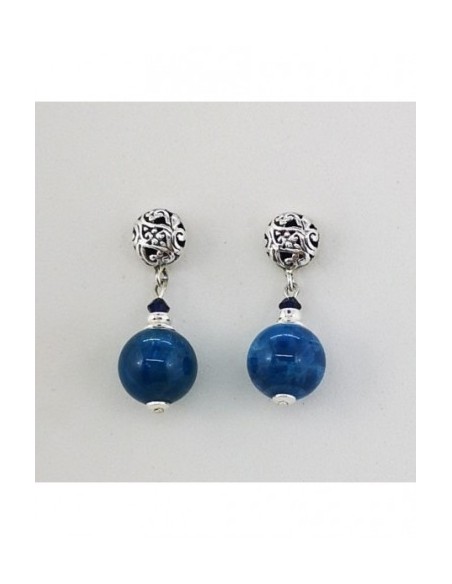 Round Gemstone Ball Earrings with Engraved Silver Ornament