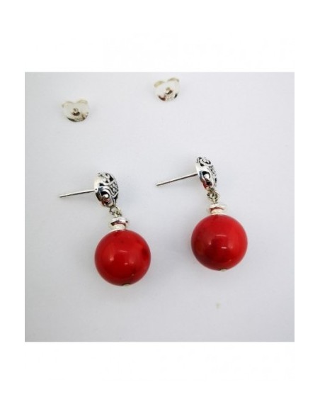 Round Gemstone Ball Earrings with Engraved Silver Ornament