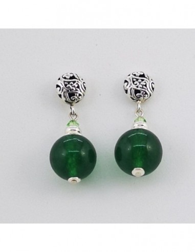 Round Gemstone Ball Earrings with Engraved Silver Ornament