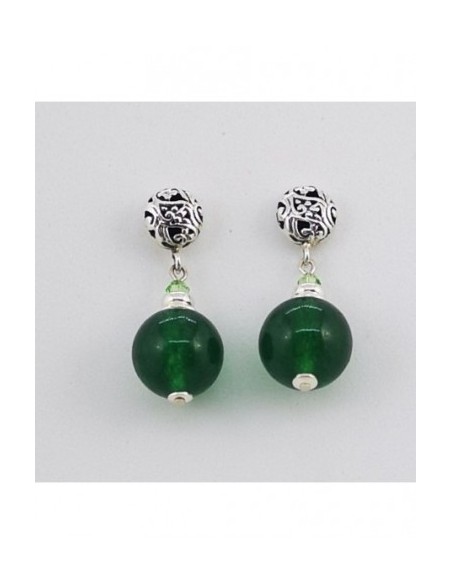 Round Gemstone Ball Earrings with Engraved Silver Ornament