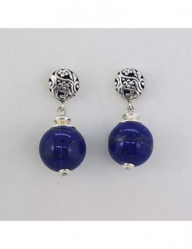 Round Gemstone Ball Earrings with Engraved Silver Ornament