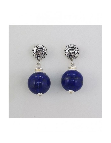 Round Gemstone Ball Earrings with Engraved Silver Ornament