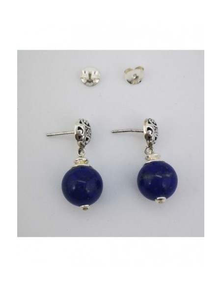 Round Gemstone Ball Earrings with Engraved Silver Ornament