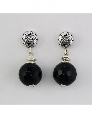 Round Gemstone Ball Earrings with Engraved Silver Ornament