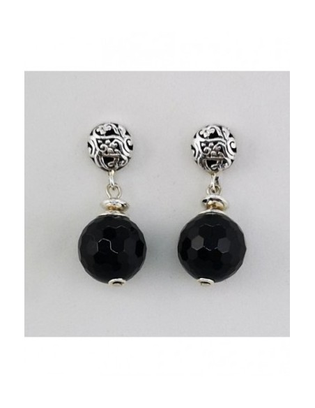 Round Gemstone Ball Earrings with Engraved Silver Ornament