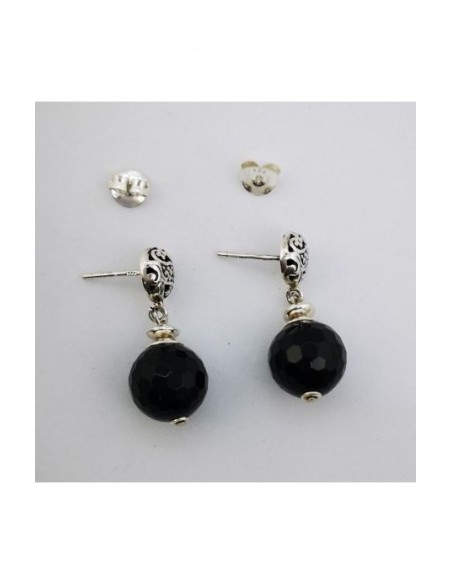 Round Gemstone Ball Earrings with Engraved Silver Ornament