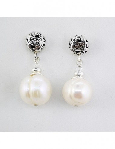 Round Gemstone Ball Earrings with Engraved Silver Ornament