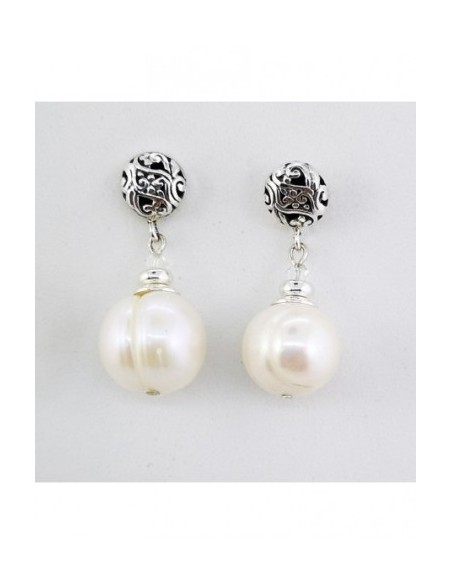 Round Gemstone Ball Earrings with Engraved Silver Ornament