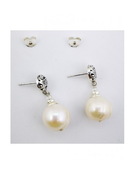 Round Gemstone Ball Earrings with Engraved Silver Ornament