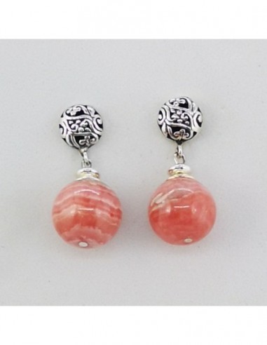 Round Gemstone Ball Earrings with Engraved Silver Ornament