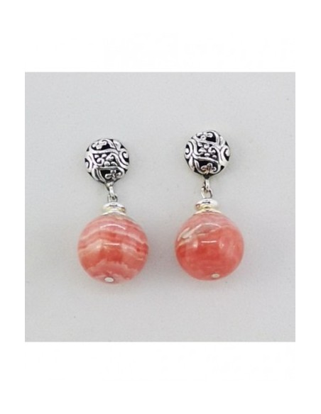 Round Gemstone Ball Earrings with Engraved Silver Ornament