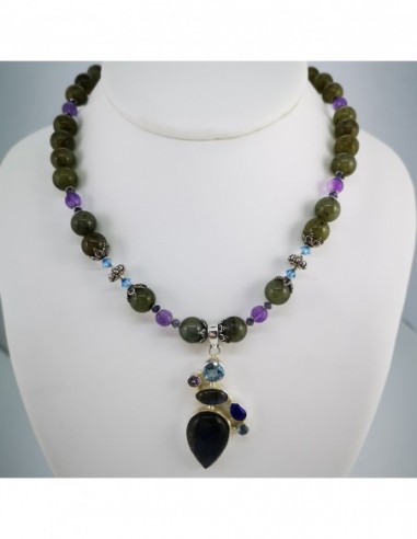 Labradorite, Amethyst, Blue Topaz, and Swarovski Crystal Pendant Necklace