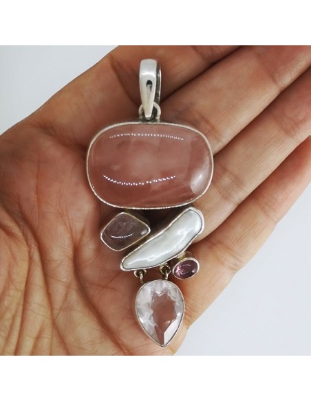 Colgante de Cuarzo Rosa, Perla y Turmalina Rosa