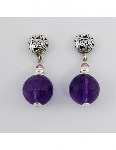 Round Gemstone Ball Earrings with Engraved Silver Ornament