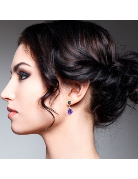 Round Gemstone Ball Earrings with Engraved Silver Ornament