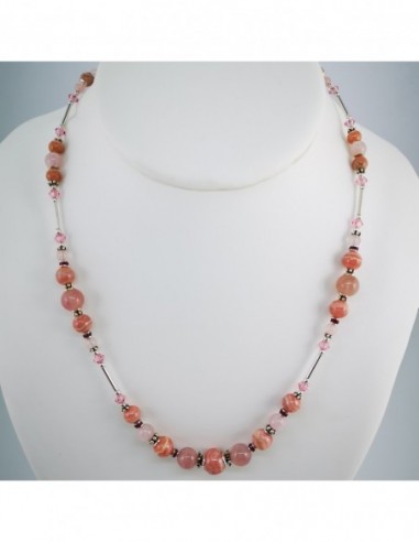 Rose Quartz Necklace from Madagascar, Rhodochrosite, Ruby, and Swarovski Crystal