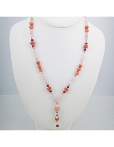 Rhodochrosite Necklace, Madagascar Rose Quartz, Ruby, and Swarovski Crystal