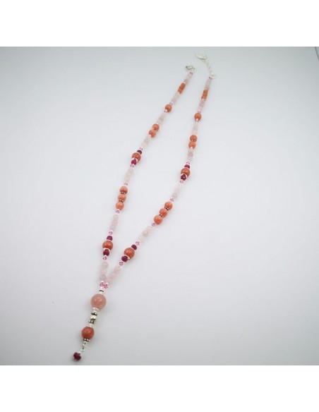 Rhodochrosite Necklace, Madagascar Rose Quartz, Ruby, and Swarovski Crystal